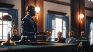A courtroom scene where a DUI lawyer is representing a client.