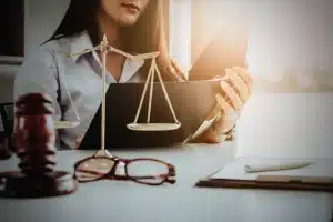 A DUI defense attorney preparing for a case in a law office.